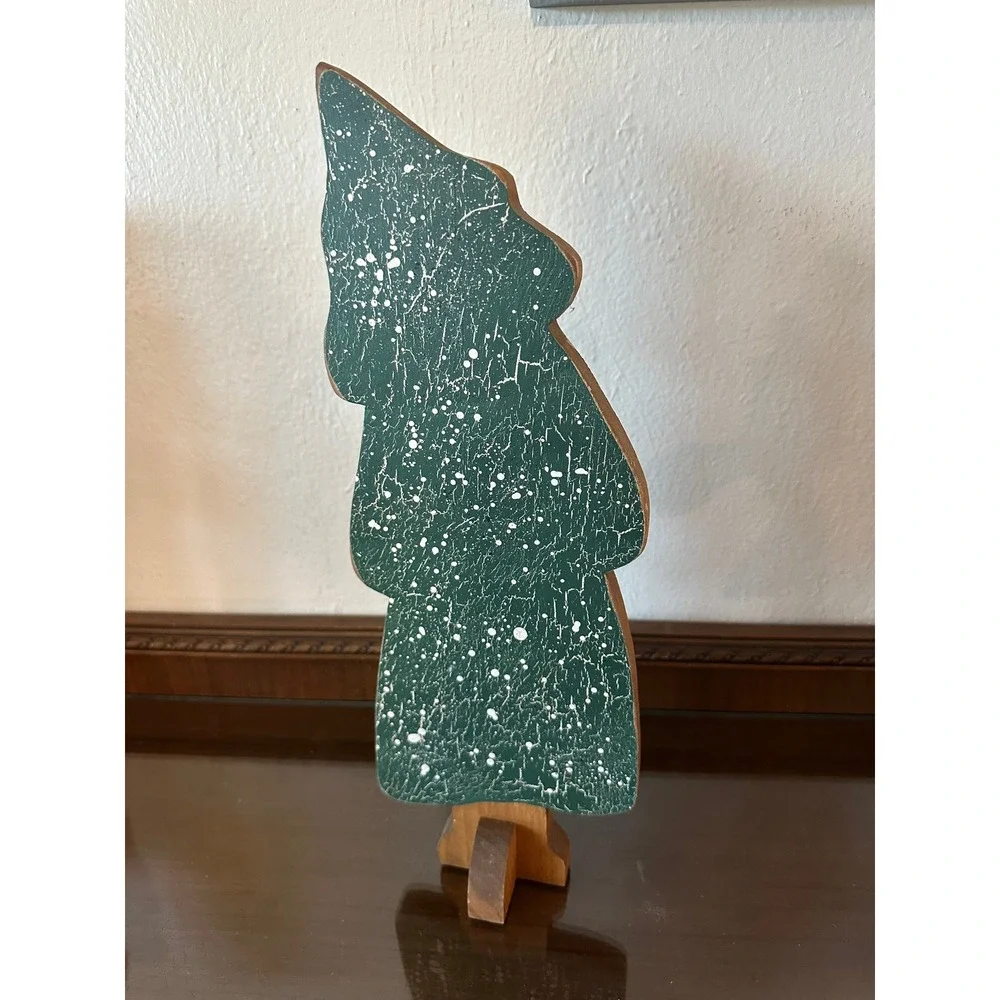 Vintage Rustic Wooden Christmas Tree Folk Art Crackle Green Snow Splatter 16''